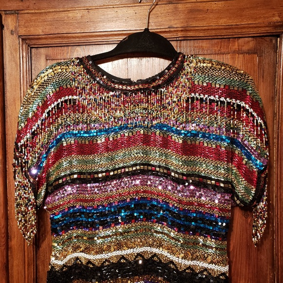 Vintage Tops - Vintage Beaded New Years Holiday Party Trophy Top